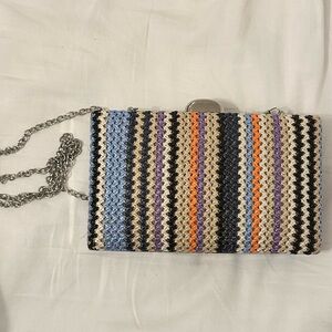 Striped Multicolor Crochet Straw Chain Crossbody or Cluth Bag
